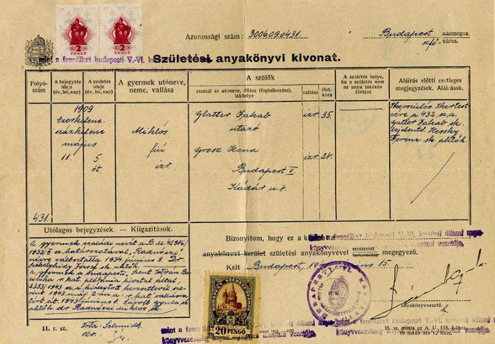 A családfakutatás során előkerült dokumentumok: Radnóti Miklós születési anyakönyvi kivonata
